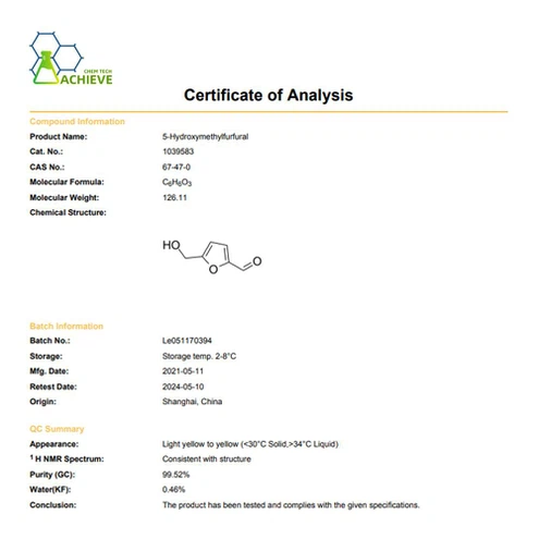 5-hydroxymethylfurfural COA CAS 67-47-0 | Shaanxi BLOOM Tech Co., Ltd 5-hydroxymethylfurfural COA CAS 67-47-0 | Shaanxi BLOOM Tech Co., Ltd