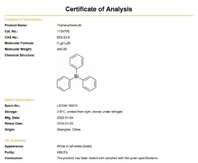 Triphenylbismuth COA CAS 603-33-8 | Shaanxi BLOOM Tech Co., Ltd Triphenylbismuth COA CAS 603-33-8 | Shaanxi BLOOM Tech Co., Ltd