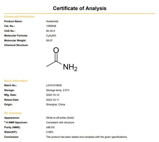 CAS 60-35-5 Acetamide COA | Shaanxi BLOOM Tech Co., Ltd CAS 60-35-5 Acetamide COA | Shaanxi BLOOM Tech Co., Ltd