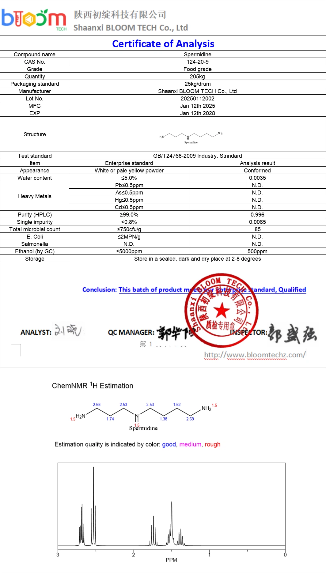 Spermidine COA | Shaanxi BLOOM Tech Co., Ltd Spermidine COA | Shaanxi BLOOM Tech Co., Ltd