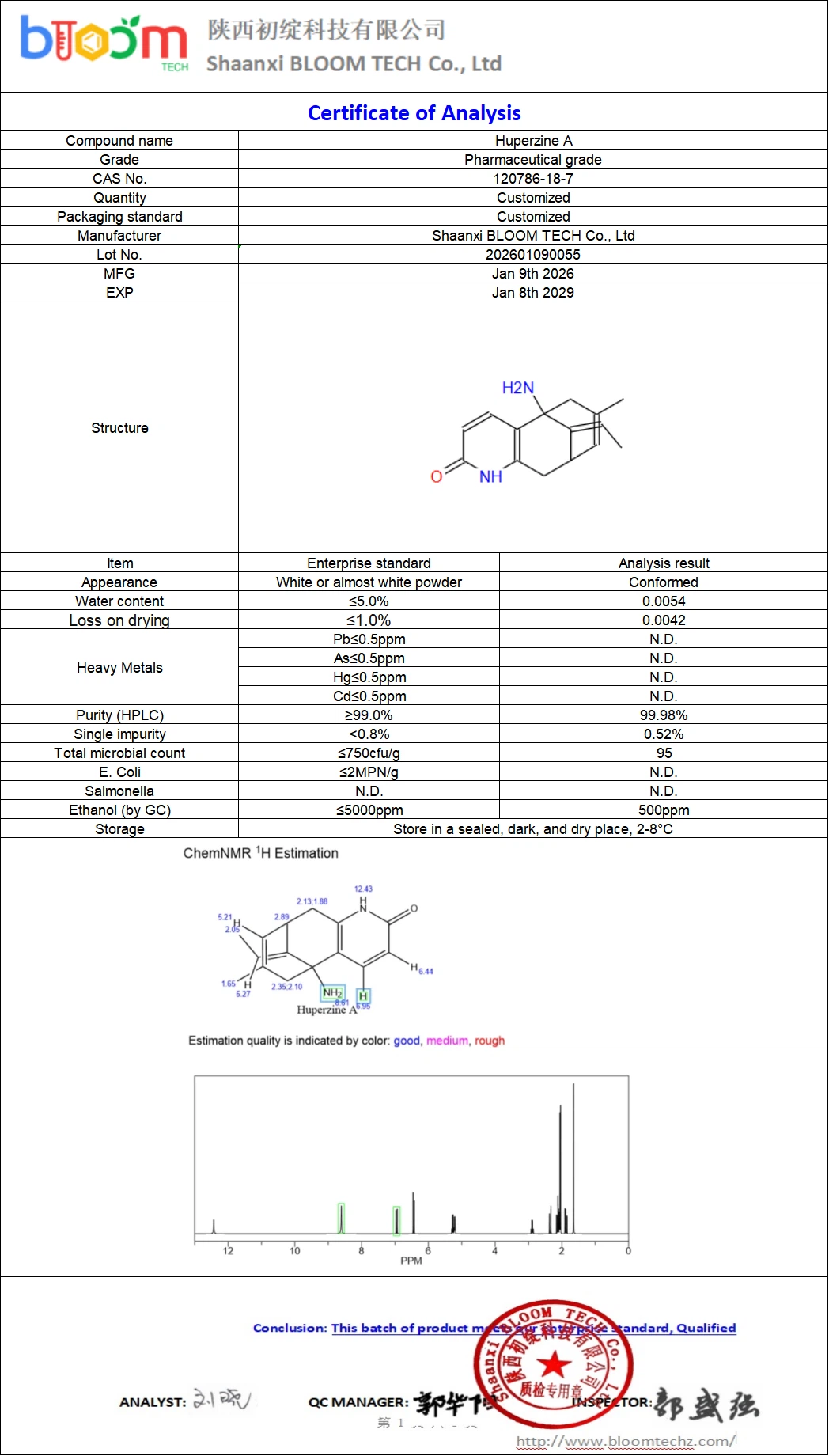 Huperzine A COA | Shaanxi BLOOM Tech Co., Ltd Huperzine A COA | Shaanxi BLOOM Tech Co., Ltd