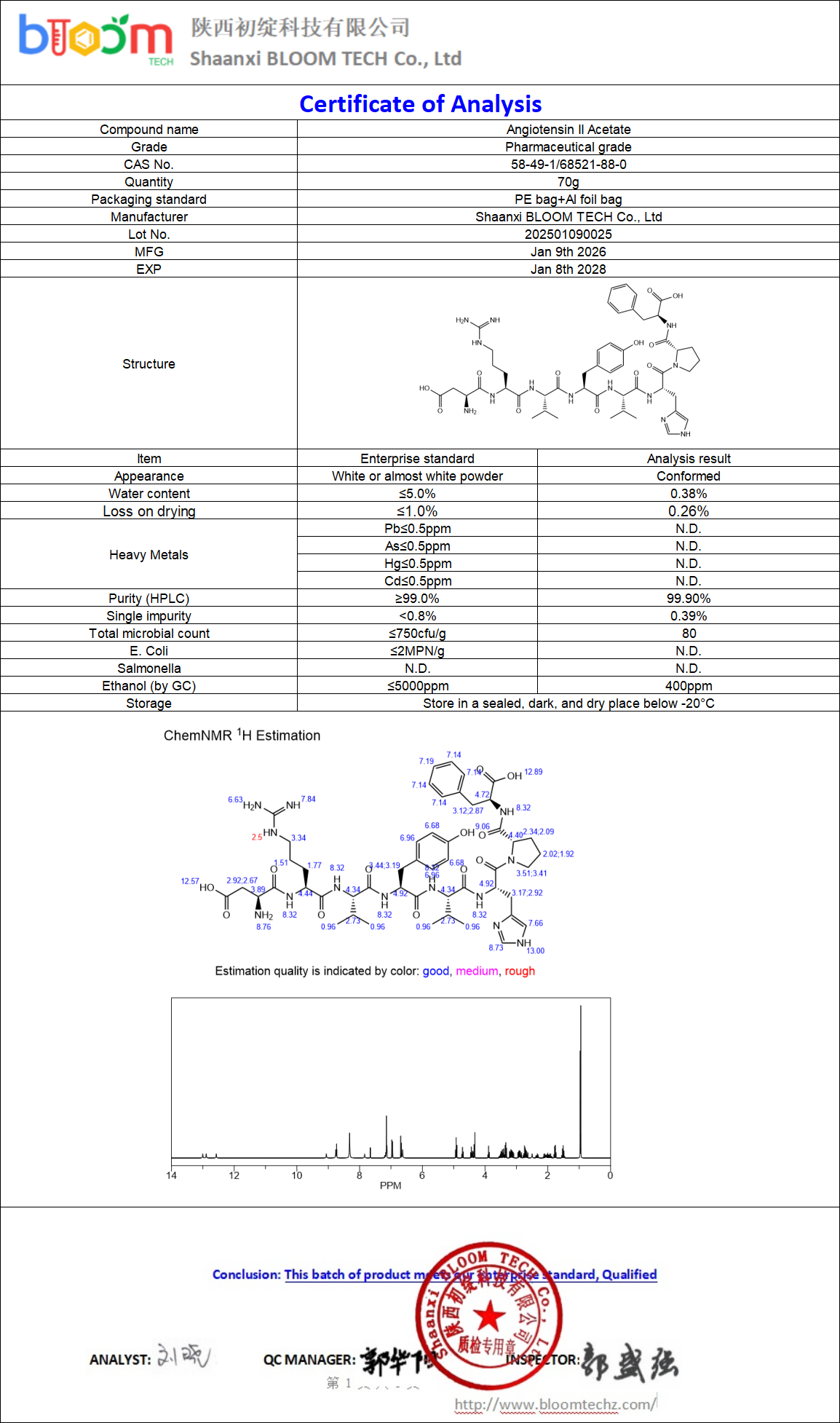 Angiotensin II acetate COA | Shaanxi BLOOM Tech Co., Ltd Angiotensin II acetate COA | Shaanxi BLOOM Tech Co., Ltd